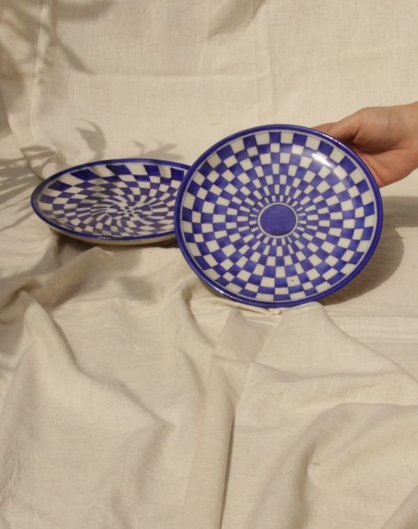 ‘Checked Illusion’ Blue pottery Plate